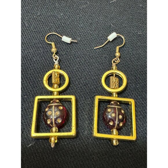 Handcrafted Ladybug Necklace & Earrings Set Red & Black Beaded With Gold Accent - Picture 5 of 8